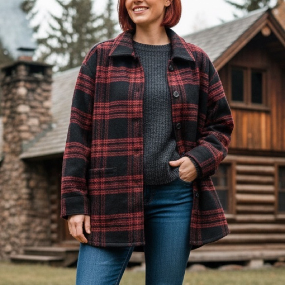 J. Jill Shacket Shirt Rust/Black Plaid Womans Button Up Cozy Jacket Size M NEW